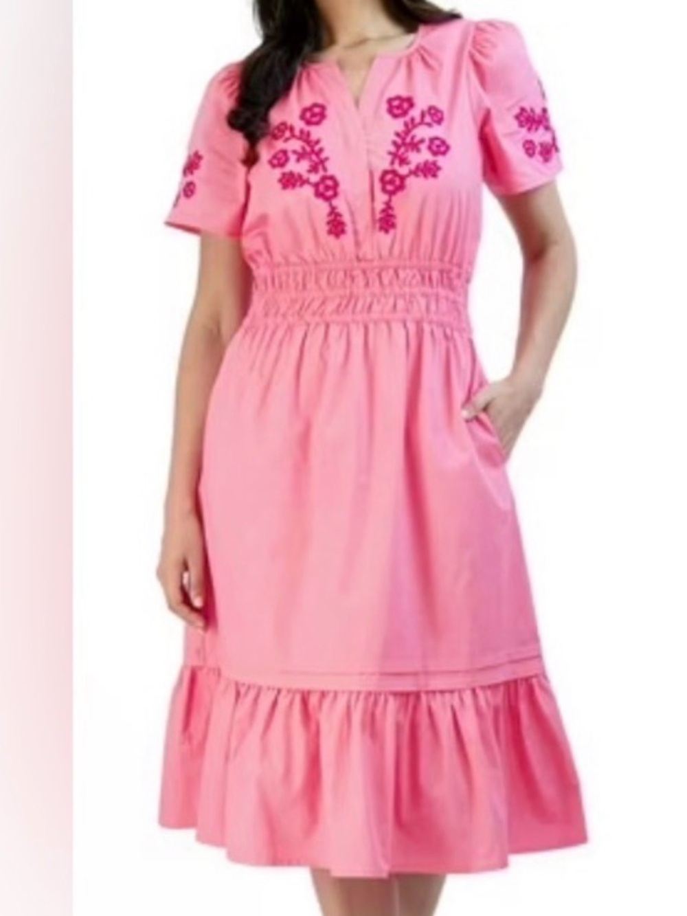 French Connection Pink Smocked Waist Midi Skirt